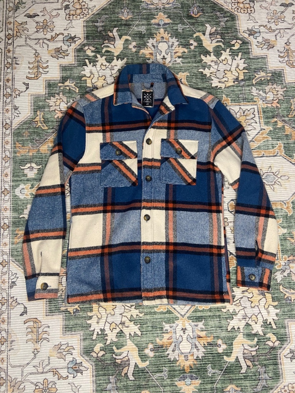 North Western Blue Orange Cream Plaid Flannel Button Up Shirt Jacket